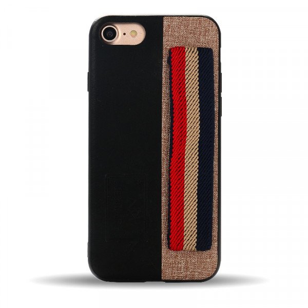 Wholesale iPhone 8 Plus / 7 Plus Striped Hand Strap Grip Holder PU Leather Case (Black)